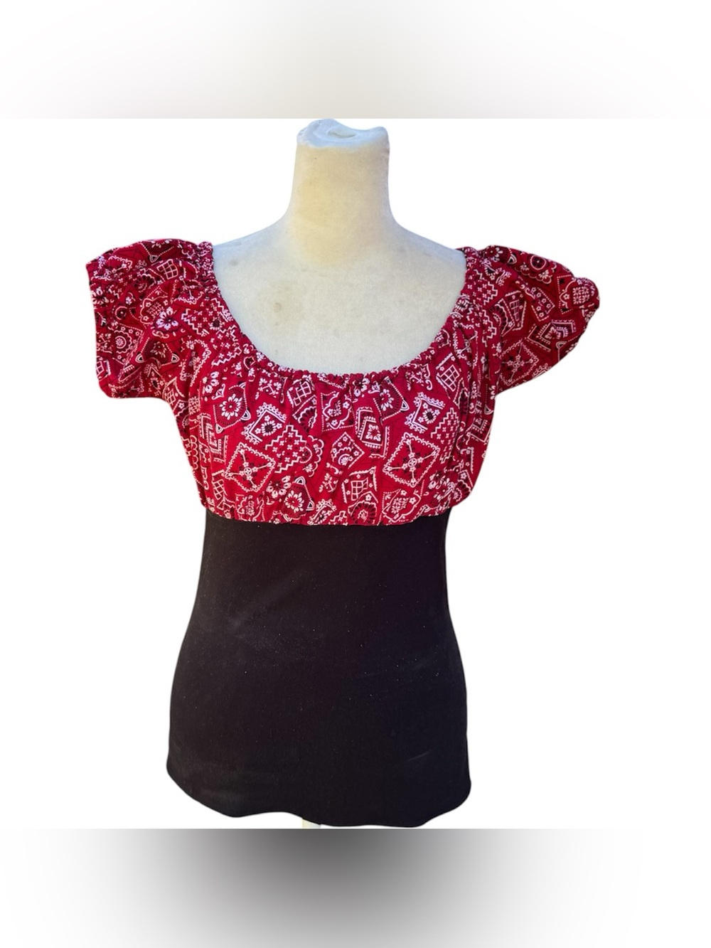 Mode Merr Pin Up Rockabilly Red Western Print Retro Fitted Blouse Top Medium